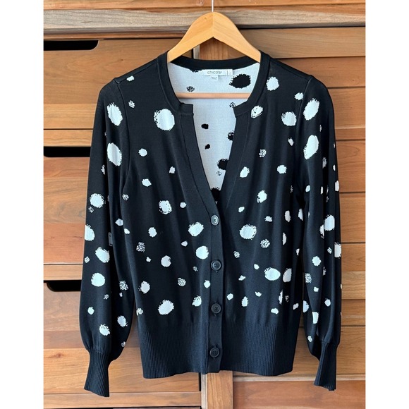 Chico's Sweaters - NWOT Chico's Size 1 (M) White On Black Polka Dot Cardigan Round Collar V Neck